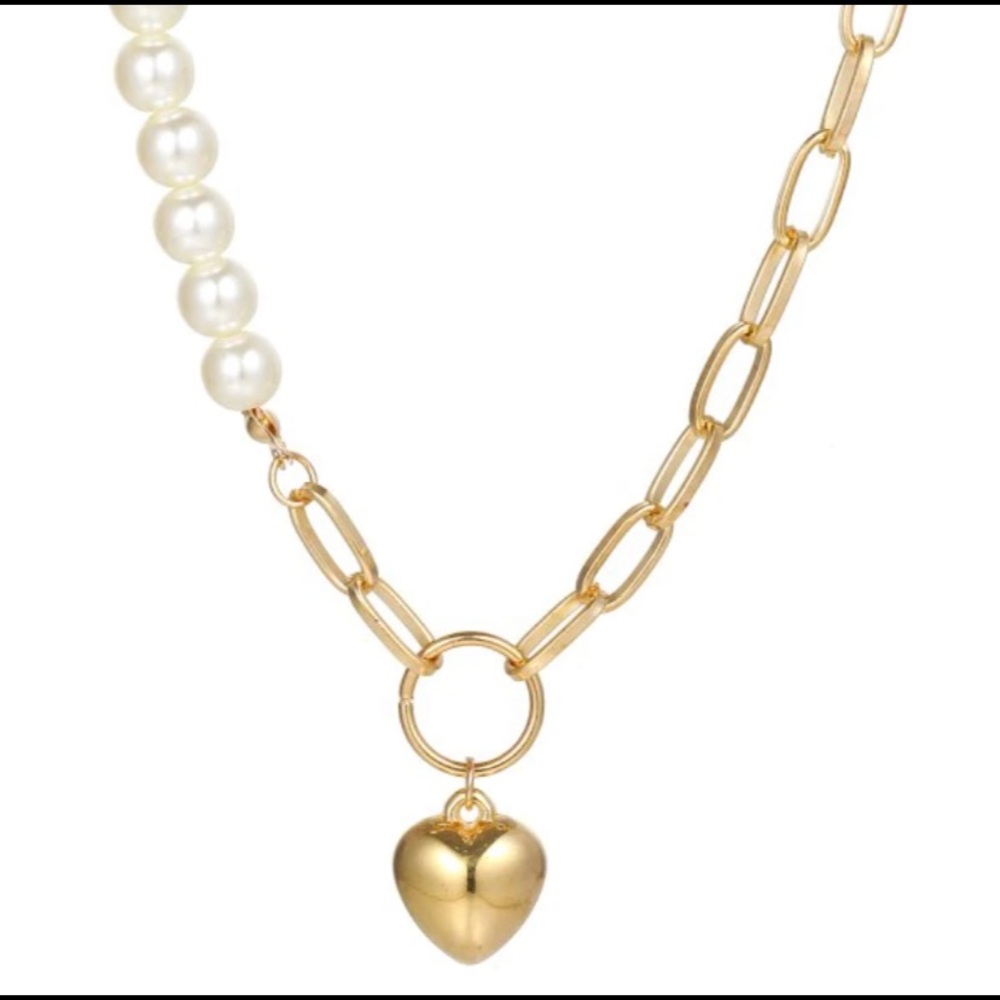 14K gold chain and pearl necklace with heart pendant